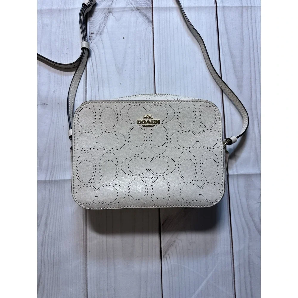 Coach Mini Camera Bag in Signature Perforated Leather White Gold Hardware Wallet